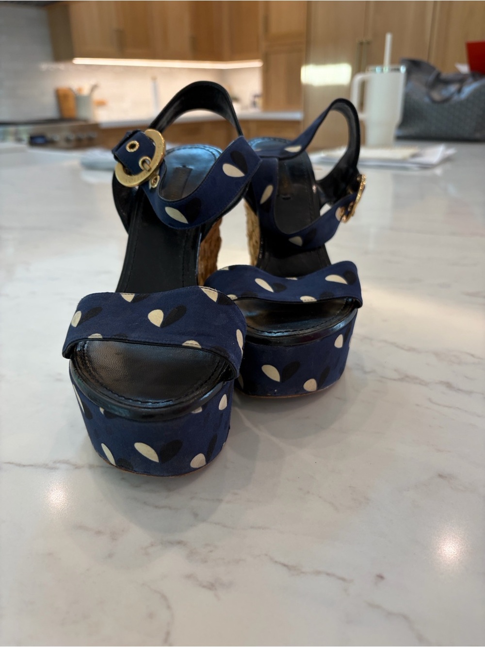 Louis Vuitton Navy Polka Dot Raffia Espadrille Wedge Sandals - Picture 6 of 9